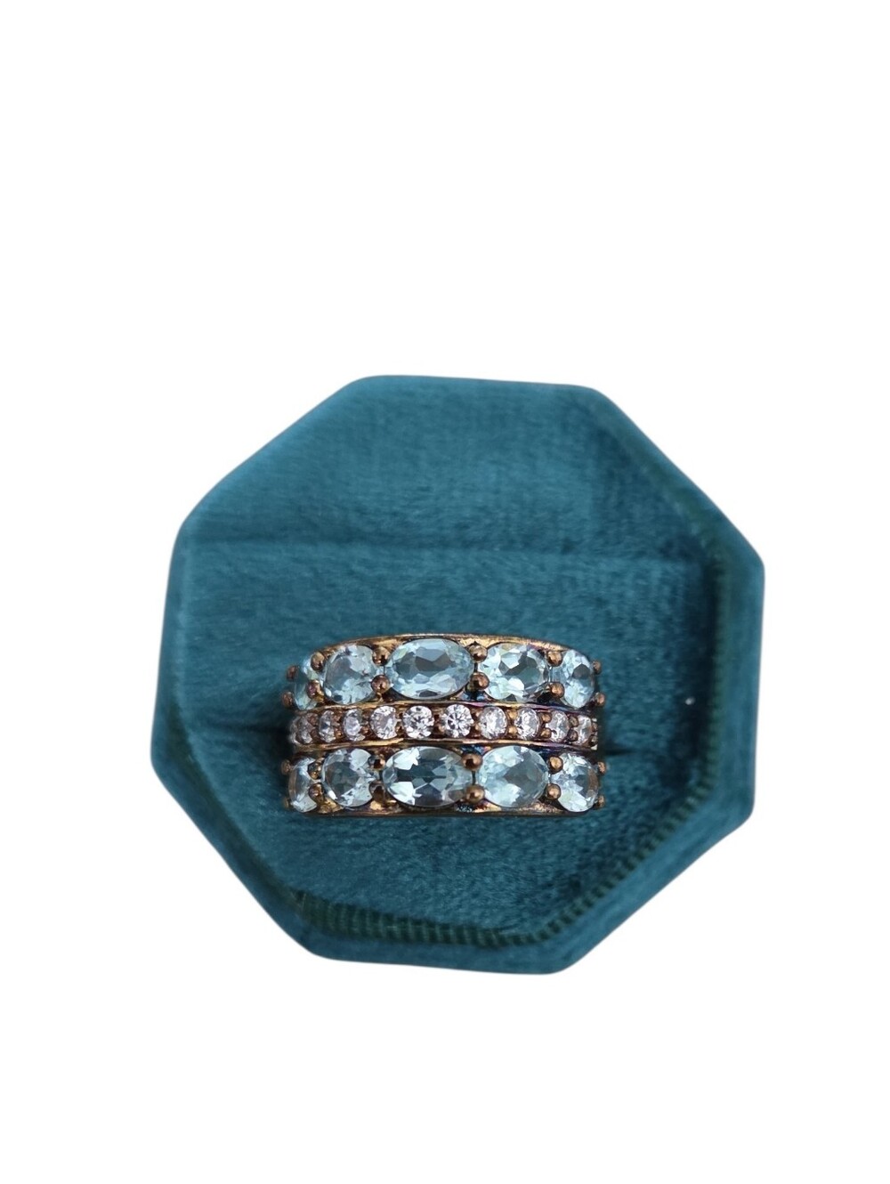 Size 9 Gold Toned Band Ring with Aquamarine and Clear Stones